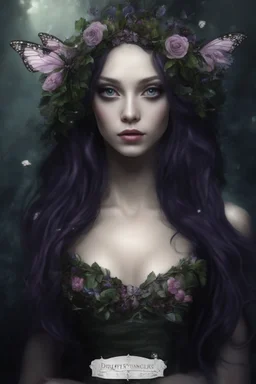 Purple long hair Dark Fairy princess queen crown no hand butterflies dragonflies fireflies flowers fairy wings