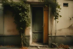 fine art photography of a rustic old wall with cracks featuring a climbing plant with beautiful door in the style of Edward Hopper. Minimalist composition, autumn atmosphere. italian vibe, taken with a hasselblad, dramatic lighting from one side, pastel colors