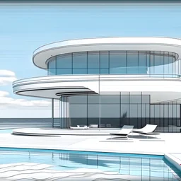 futuristic beach house with a glass-bottomed swimming pool extending over the sand, show beach view, detailed, front closeup view, minimalistic white color water fountain, minimal black line art, unique coloring sheet, outlined, outline, line art, clean line art, unique, 8k, amazing, realistic, masterpiece, no colors, no dark color, no black color, avoid thick black, minimalistic line edges, white back ground color, vector style,