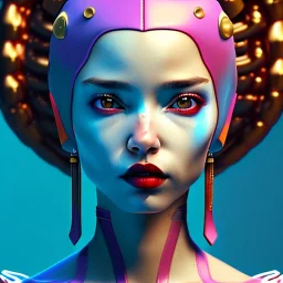 Spanish woman, rounded face, purpurin made up, red, blue, pink, cold, latex coat, leather, piercing, soft color, highly detailed, art stations, concept art, smooth, unreal engine 5, god rays, ray tracing, RTX, lumen lighting, ultra detail, volumetric lighting, 3d, finely drawn, high definition, high resolution, neon background.