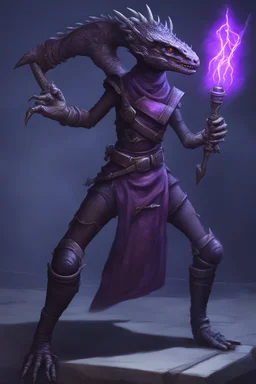 a black and purple, female argonian artificer who uses Tesla coils as weapons, skinny, lightly armored