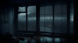 dark gloomy, A room with a view of the city from the