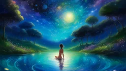 "A mystical summer night, with a figure bathing in a shimmering, iridescent pool, surrounded by a halo of soft, ethereal light. The night sky is filled with sparkling stars, and the air is permeated with a dreamlike magic. The atmosphere is enchanting and otherworldly."