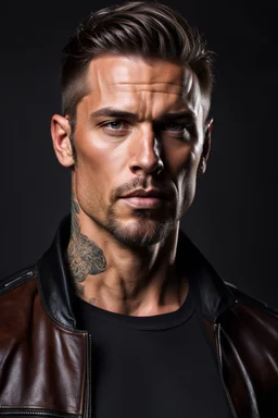 portrait of a 35 year old Handsome, rugged and muscular male with lightly tanned skin and tattoos. long brown hair and a goatee beard. wearing an black jeans, a teeshirt and a leather jacket. photorealistic