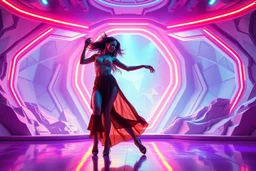 Futuristic sci-fi style, a pretty woman dancing energetic salsa with fluid, expressive movements, on a futuristic evolving stage with morphing 3D geometric structures, pulsating to the rhythm, dynamic vibrant neon lights, volumetric