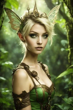 Gorgeous Realistic Photography steampunk pixie with a resemblance to Beautiful Tinkerbell,natural beauty, in wonderland jungles