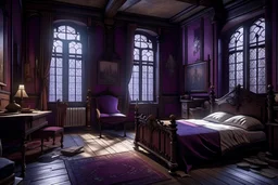 Стиль детализированный комикс. Спальня в темных фиолетовых цветах одноместная с большой кроватью в старом заброшенном деревянном готическом замке с небольшими окнами и статуями ангелов