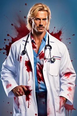 Mid-thirties, Caucasian male doctor, kind smile, blonde hair (slightly disheveled) blonde mustache, pale blue eyes, broad shoulders, muscular, six foot, Hawaiian shirt under white lab coat with bloodstains at the edges. Strong Jaw line, surrounded by shadows, photo realistic