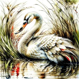 6,majestic swan with fluffed wings hiding within reeds and bull-rushes, their feathers shimmering with an ethereal glow, gazing intently into the distance. The surrounding mirror pond is bathed in soft sunlight, casting long shadows. PAINTING WITH WHITE SPACE, Carne Griffiths, WLOP, fine-tuned stylised watercolour encircled by splashy white space photorealistic ChatGPT.