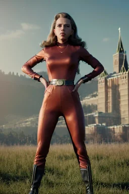 retro portrait image from 1960, Moscow background, wind, long hair, fighting stance, sweet young Scarlett Johansson, classic black tight lycra suit, metal stick weapon, gold bracelet and belt, high heel boots, soft color, highly detailed, unreal engine 5, ray tracing, RTX, lumen lighting, ultra detail, volumetric lighting, 3d, finely drawn, high definition, high resolution.