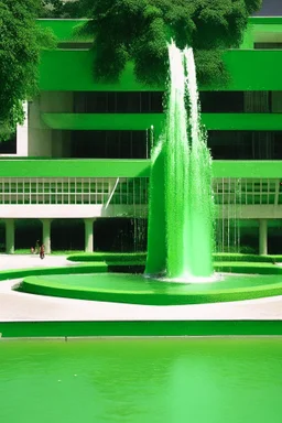 Green area, water fountain and building