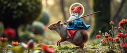 depth of field, halo, close up on blue and red clothed gnome riding squirrel with lance in garden of eden in the style of Escher and Giger