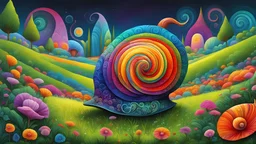 a colorful snail sitting on top of a lush green field, by Marie Bashkirtseff, psychedelic art, intricate, technicolor, colorful character design, shell, in rich color, fully covered in colorful paint, fantasy. intricate, colorful and dark, spiral, cute colorful adorable, psychedelic architecture, intricate, elegant colorful, muted but vibrant colors