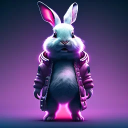 pixar style anamorphic cute cyberpunk rabbit baby, smiling, full body, magenta puffer jacket, manila city backdrop, hyper realistic, unreal engine 5, 16k