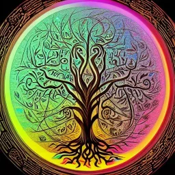 the Tree of life in a tribal, carved circle, muted rainbow colors, twisted branches, centered, elaborate, intricate, stunning, awe-inspiring, ultra-fine detail, 8k, sharp, crisp, high-quality, 3d, detailed matte, brian froud, howard lyon, selina french, anna dittmann, lisa parker, greg rutowski, alphonse mucha