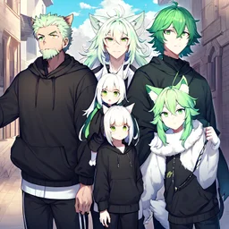 In anime, an anthropomorphic male character with white fur, white-and-green-haired, white-skinned, green-eyed, wolf ears, whiskers, a black hoodie, and black pants, is on the street in the massive capital.