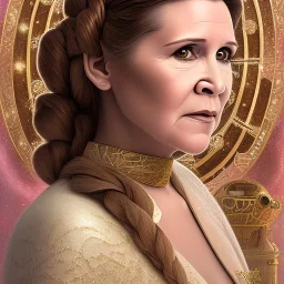 hyperspace background, complete and photo realistic detailed head to waist stunning photo realistic portrait of carrie fisher as Princess Leia in star wars with photo realistic wedding hairstyle by Mandy Jurgens and mucha and Richard Schmid and chuck close and chie yoshii, extraordinary and detailed ceremony dress of star wars,brown eyes