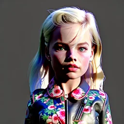 Margot Robbie toddler, full body, leather jacket, floral shirt, floral skirt, shoe, soft skin, dramatic lighting, hyper realistic