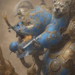 a cougar warrior in blue and white battle armor, a highly detailed illustration, background of Inka jungle, realistic render, 8 k, micro detail, intricate, elegant, centered, digital painting, Artstation, smooth, sharp focus, illustration, artgerm, tomasz alen kopera, peter mohrbacher, donato giancola, joseph christian leyendecker, wlop, boris vallejo