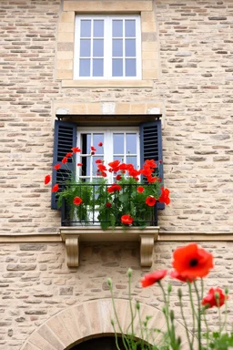 A classic old building with bricks stones texture with a balcony filled with red poppies growing out of it