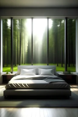 Huge king size bed with huge window view to forest. 8k. Wallpaper. Extremely detailed