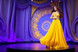 modern stage with gray-dark yellow blueish violet theme artistic decoration , color full dynamic lighting, a beautiful lady in maxi dress with shining silver jewels ,curvy long hair,dancing, 3D recursive fractal structure animating background