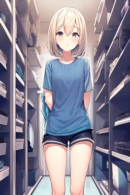 anime girl in a changing room wearing short-shorts and a pyjama shirt, with her back turned.