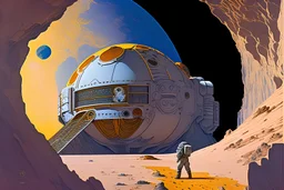 research base set in a cliff on the moon, with man in futuristic spacesuit trekking toward it, in the style of Alphonse Mucha, Raffaelle Monti, Antonio Corradini, and Gianlorenzo Bernini