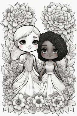 create a outlined coloring page of a chibi black characters of a couple surrounded by flowers. Pay attention to the details of the faces and flowers and the emotions conveyed by the couple. White background, sketch style, half of body, use outline, Mandala style, clean line art, no shadows, no coloring, no shading, no grey.