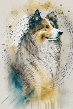 Abstract wet watercolour of a rough collie, ink lines, interlinked circles,