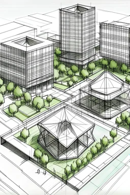 A simple sketch of an urban park with three one-story buildings made of medium glass and a pentagonal roof