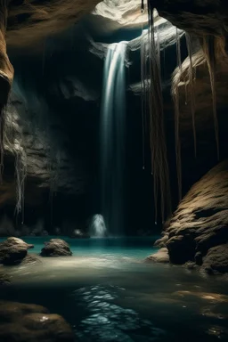 A waterfall underground in a cave with small lake and one mysterious creature from the underworld