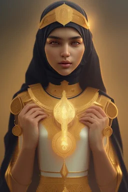 Arab young woman ,Arabic features، cute, beautiful, black eyes,Natural contours, real skin ,Modest Arabic style dress، head and shoulders portrait, cinematic, 8k, resolution concept art portrait by Greg Rutkowski, Artgerm, WLOP, Alphonse Mucha dynamic lighting hyperdetailed intricately detailed