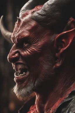 a very close up side profile image of a devil, smiling,8k quality, supper realistic