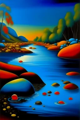 blue water with green dark blue and red and orange stones in river by Dali