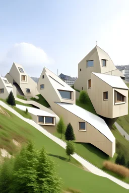 Multiple small buildings on a slope with an irregular quadrilateral shape