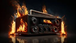 4K. REALISTIC FULL DETAILS. LOGO EMISSION DE RADIO HARDROCK FIRESTARTER TERMINATOR. FLAMMES EN FOND D IMAGE RADIO QUI BRULE