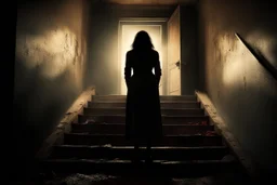 a broken, bloody, torn, beaten woman lies at the bottom of a dirty staircase. At the top of the stairs stands the silhouette of a massive man, behind him a small light leaks through an open door, dramatic, gloomy atmosphere, sad, weird, dark colors, cinematic, realistic picture