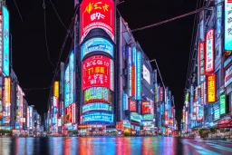 Tokyo city at night, street view, buildings with blue neon signs and flags, rain, high definition, 3D