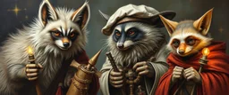 master oil painting with some air brush, fluffy hyena fox merchant sailor priest racoon gremlin realistic and creepy, straight from the lich lab, in the style of Escher and Titian