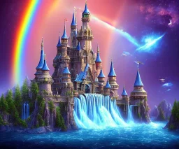 castello magico con cascate, arcobaleno cielo stellato+ astronavi nel cielo e ragazze dal viso bellissimo