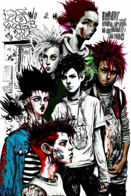 Act like a book cover designer. Use graffiti style. Three teenagers (13-15 years old) with a grimy black cat. Two boys- redhead, chubby, low, skinny, high, neutral emotion. The punk girl with black hair. In background punk rocker with red mohawk. Enviroment: old town.