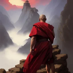 Portrait of a monk, red sash, mountain background, fog, distant temple, face front, grim, Frank Frazetta, Greg Rutkowski, hyperdetailed, dnd, trending on Artstation, Splash screen art, dynamic lighting, hyperdetailed, intricately detailed, a masterpiece, 8k resolution, high contrast, bearded,