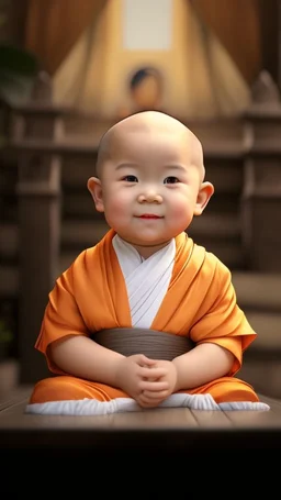 A 3-year-old monk boy with round cheeks, sitting, looking at the camera, light gray monk costume with white neckline, cute and cute, masterpiece, high quality, highly detailed.