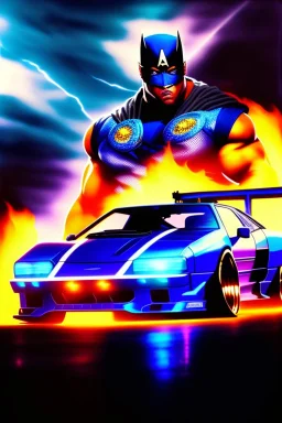 "Design a 90s-style action movie poster titled 'Shockwave Customs' with a blue theme and blue flames. Feature a super heroic mechanic in the foreground, fiercely battling thousands of adversaries with a spanner. In the background, show cars doing burnouts, creating a dynamic and intense scene. Capture the high-energy, gritty aesthetic of classic 90s action films. Prominently display the subtitle 'mmechanic negotiator' in bold, impactful lettering."