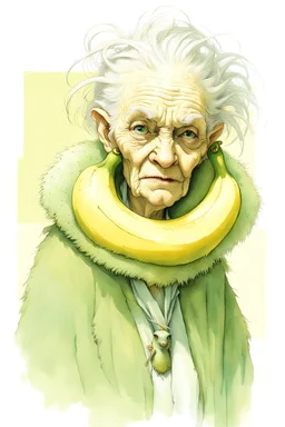 Artist Jean-Baptiste Monge style. A biomorph banana-headed old woman. White eyes. A yellow dotted green furry feathered fluffy dress.