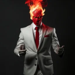 a scary man with fire in the palm of his hand wearing a white suit with a red tie who has no face