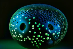 beautiful composition, black spheres with holes, woven of thin black wire, the entire surface of the sphere is filled with symmetrically arranged round holes, from the inside of the sphere a bioluminescent blue-green (sometimes blue, sometimes green) light is emitted, projecting coloured round spots onto the whole background and the whole horizontal base where the sphere is placed. S<AI