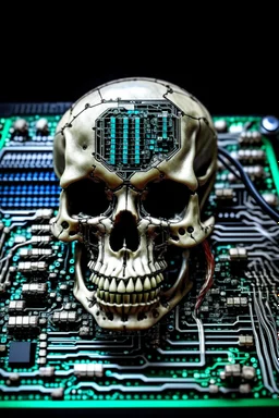 A computer chips and electronic components are connected by neurones human skull