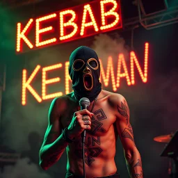 a very thin swedish man, with a skimask with only a hole for the mouth (no eyes), he is called "KEBAB MAN" performing at death metal club, his name is "KEBAB MAN" kebab rolls On stage, kebab Neon lights and smog, and "KEBAB MAN" big sign on the wall, tribal tattooes, spinning kebab machines, flames and smoke, chaos, he singing with mic,